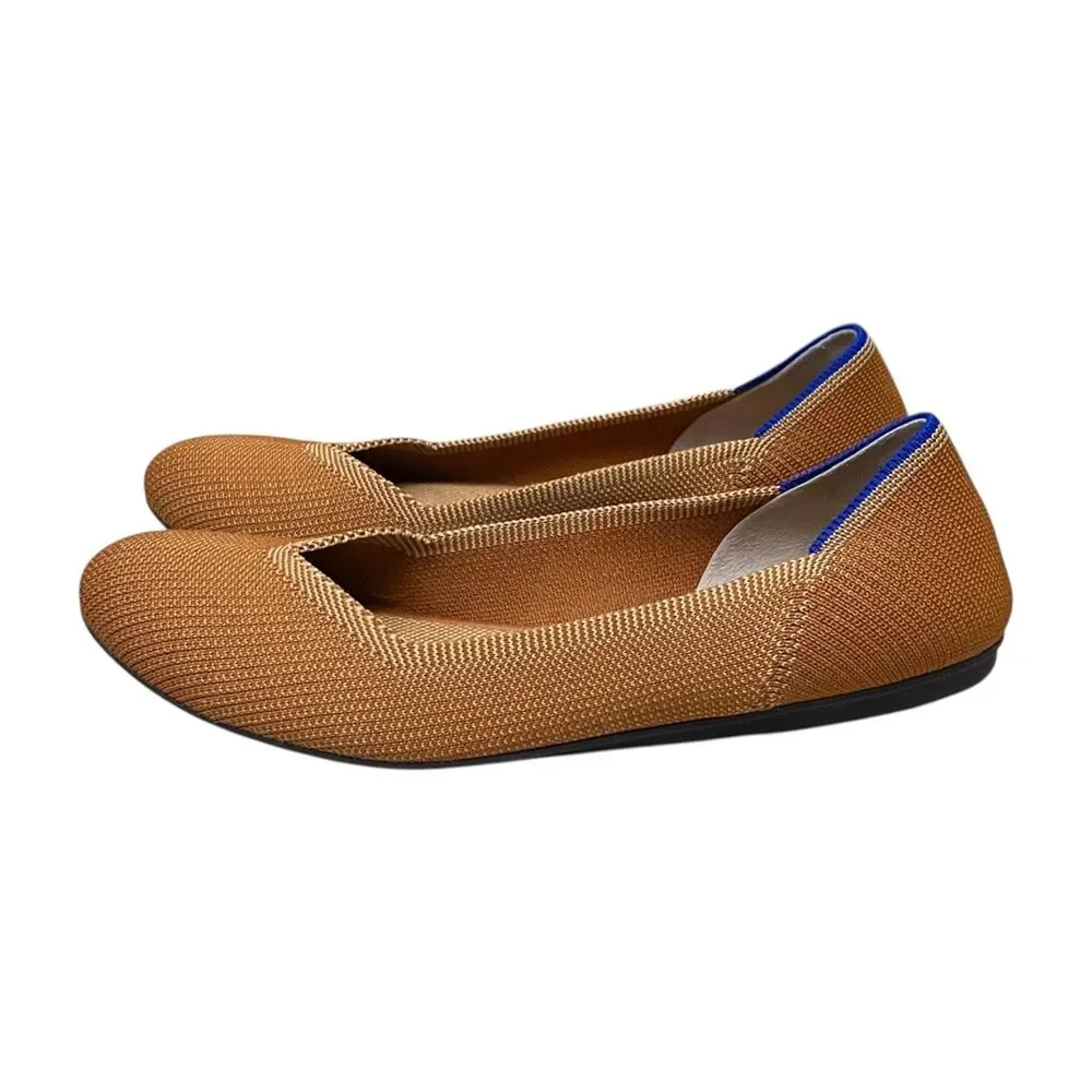 Classic Women's Tan Knit Ballet Flats with Blue Trim